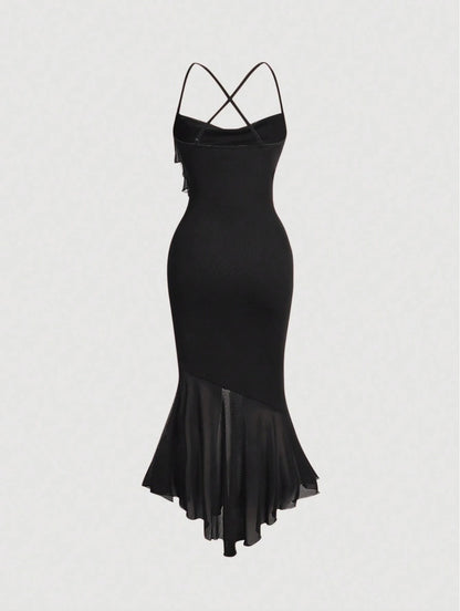 Crisscross Backless Mermaid Cami Dress – Ruffle Trim Mesh Hem Maxi for Summer Glam