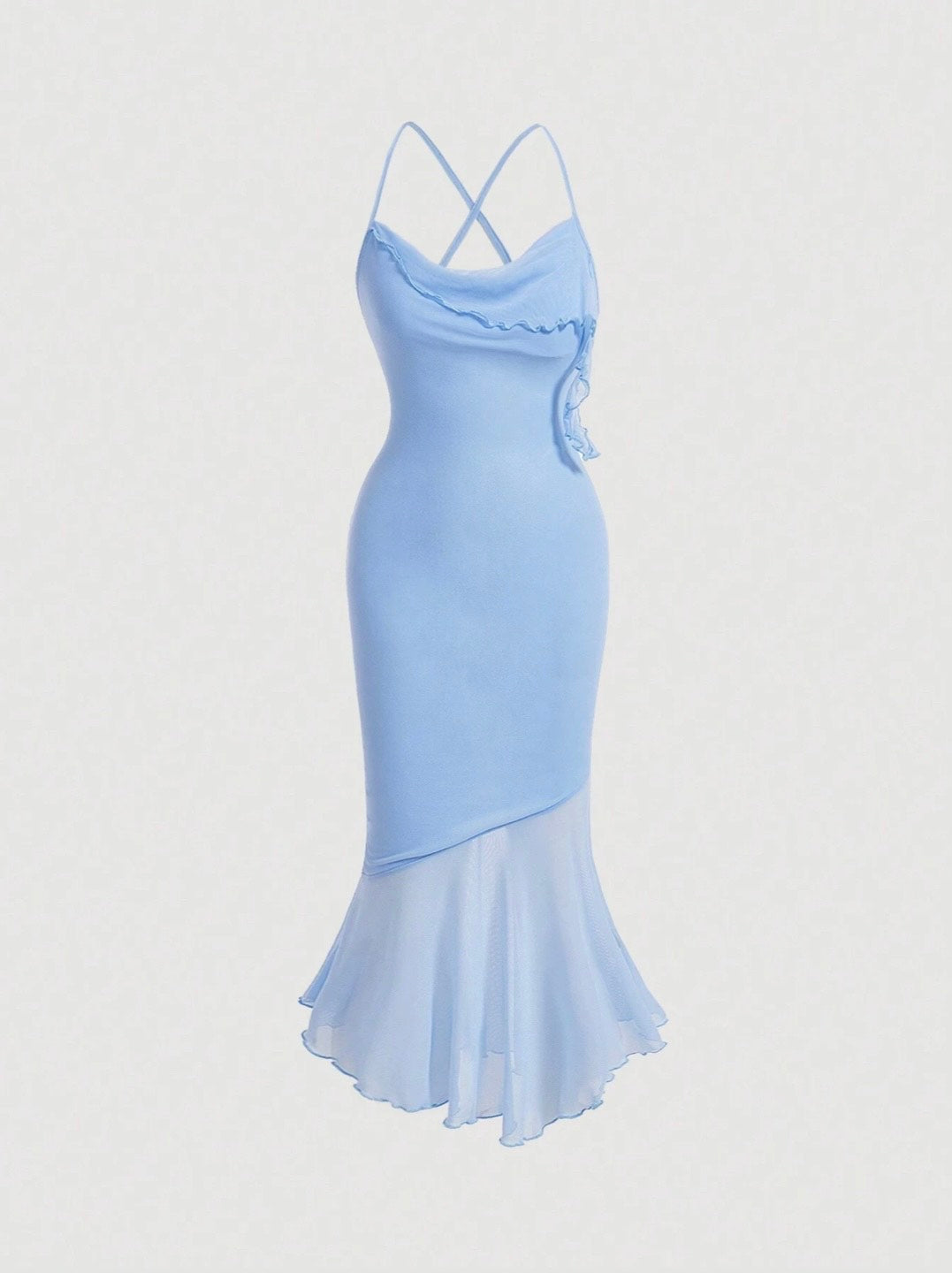 Crisscross Backless Mermaid Cami Dress – Ruffle Trim Mesh Hem Maxi for Summer Glam