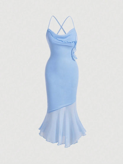 Crisscross Backless Mermaid Cami Dress – Ruffle Trim Mesh Hem Maxi for Summer Glam