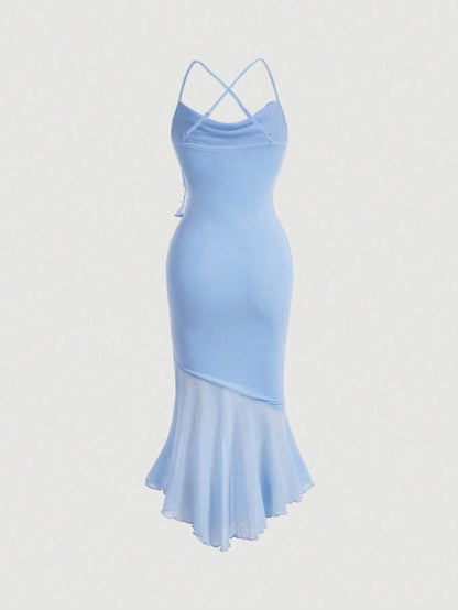 Crisscross Backless Mermaid Cami Dress – Ruffle Trim Mesh Hem Maxi for Summer Glam