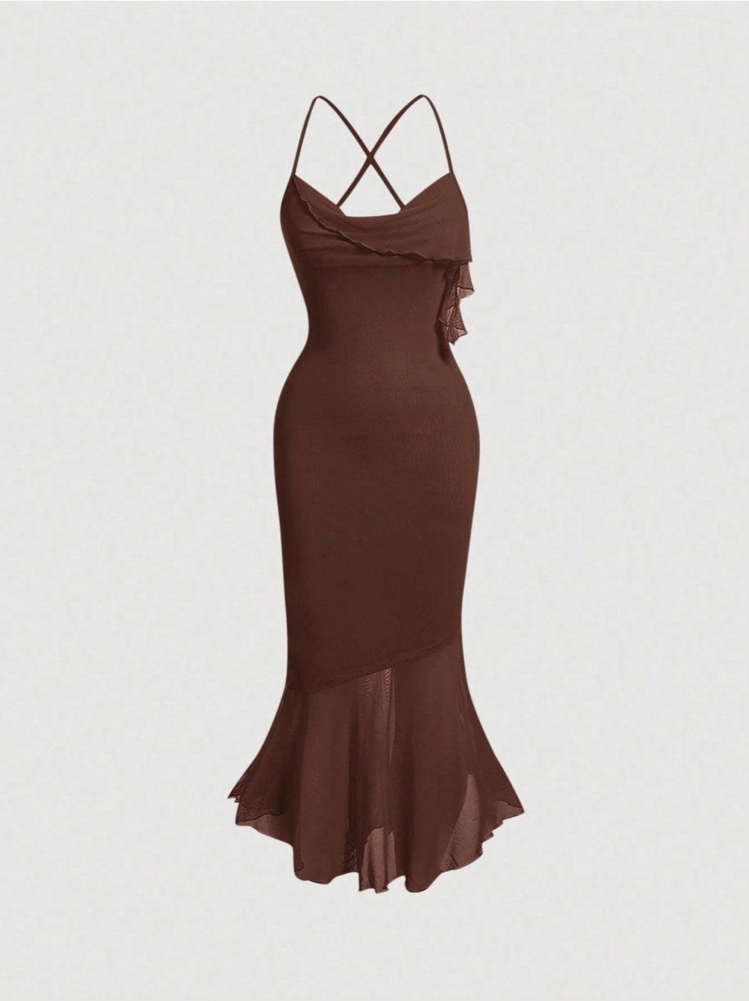 Crisscross Backless Mermaid Cami Dress – Ruffle Trim Mesh Hem Maxi for Summer Glam