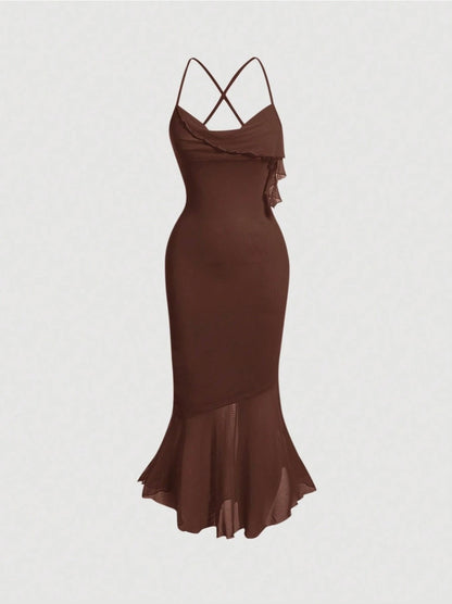 Crisscross Backless Mermaid Cami Dress – Ruffle Trim Mesh Hem Maxi for Summer Glam