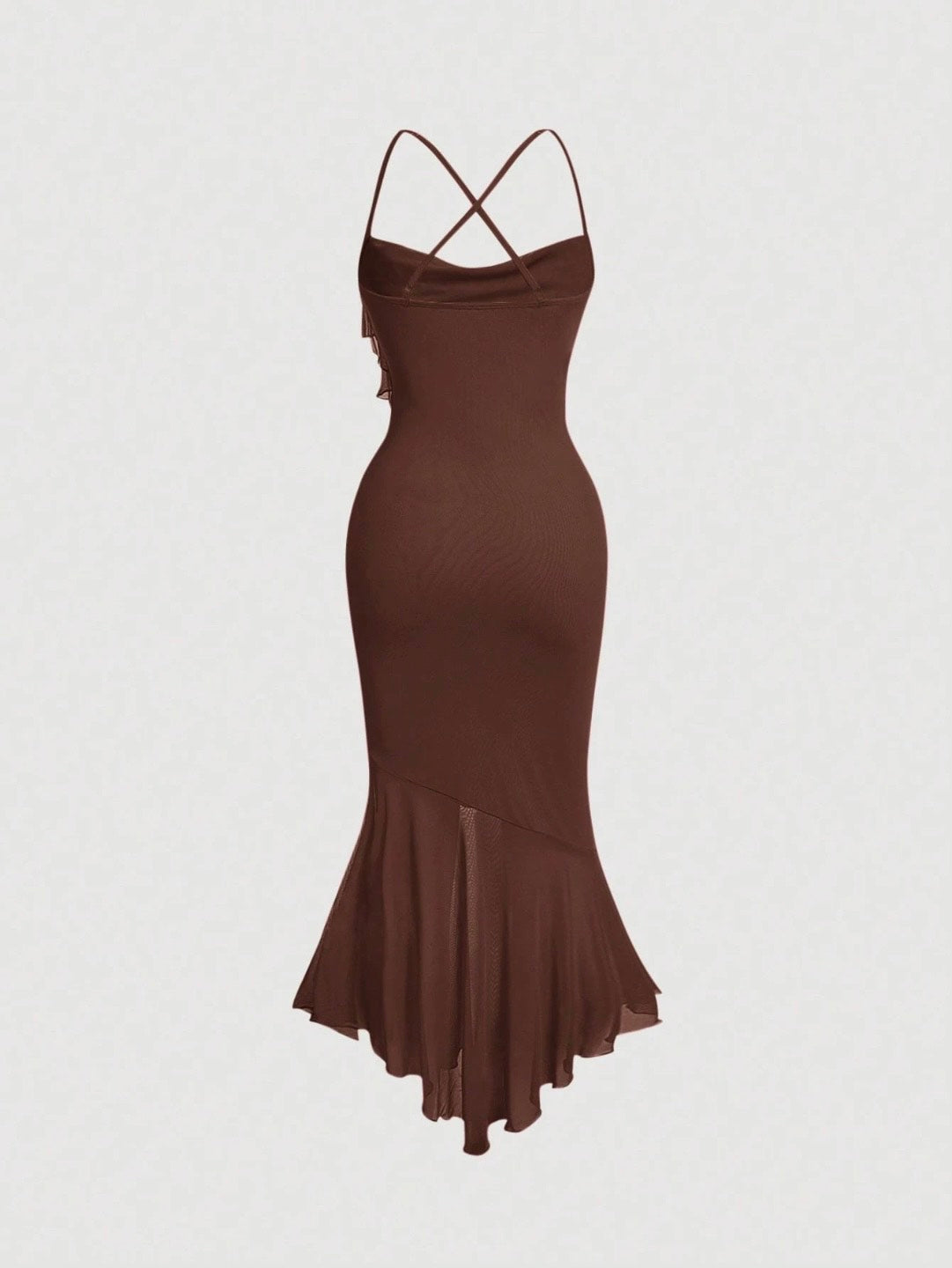Crisscross Backless Mermaid Cami Dress – Ruffle Trim Mesh Hem Maxi for Summer Glam