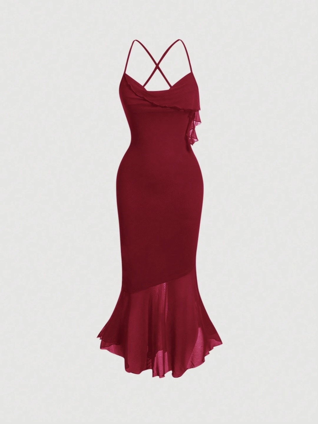 Crisscross Backless Mermaid Cami Dress – Ruffle Trim Mesh Hem Maxi for Summer Glam