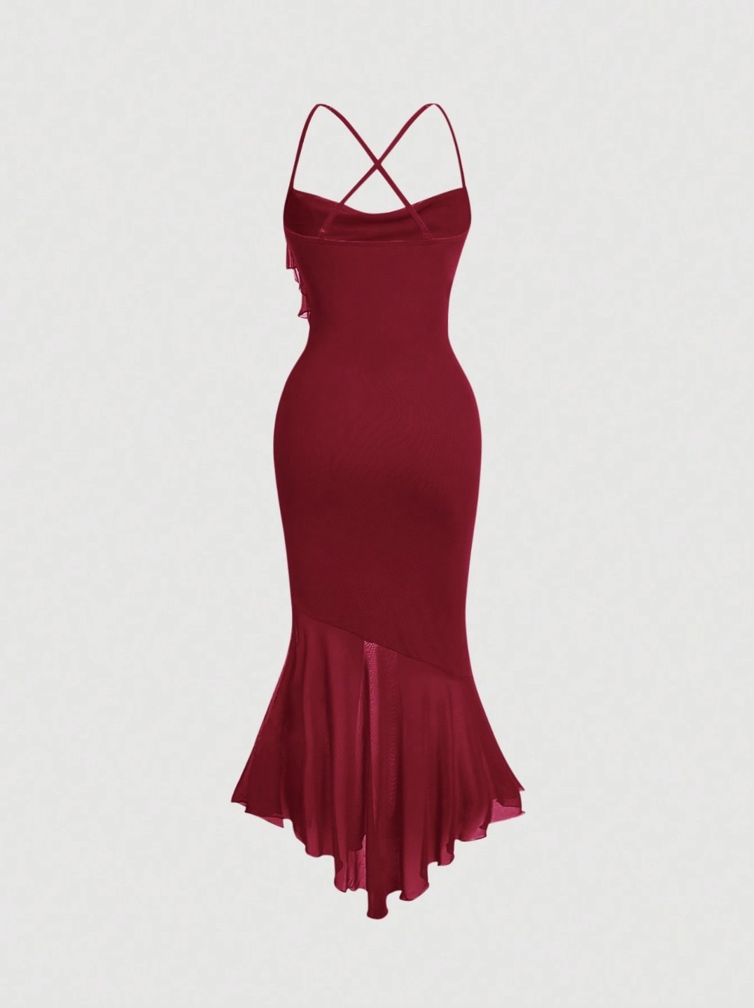 Crisscross Backless Mermaid Cami Dress – Ruffle Trim Mesh Hem Maxi for Summer Glam