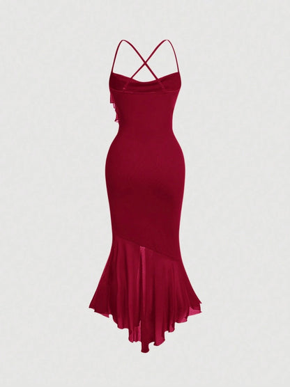 Crisscross Backless Mermaid Cami Dress – Ruffle Trim Mesh Hem Maxi for Summer Glam