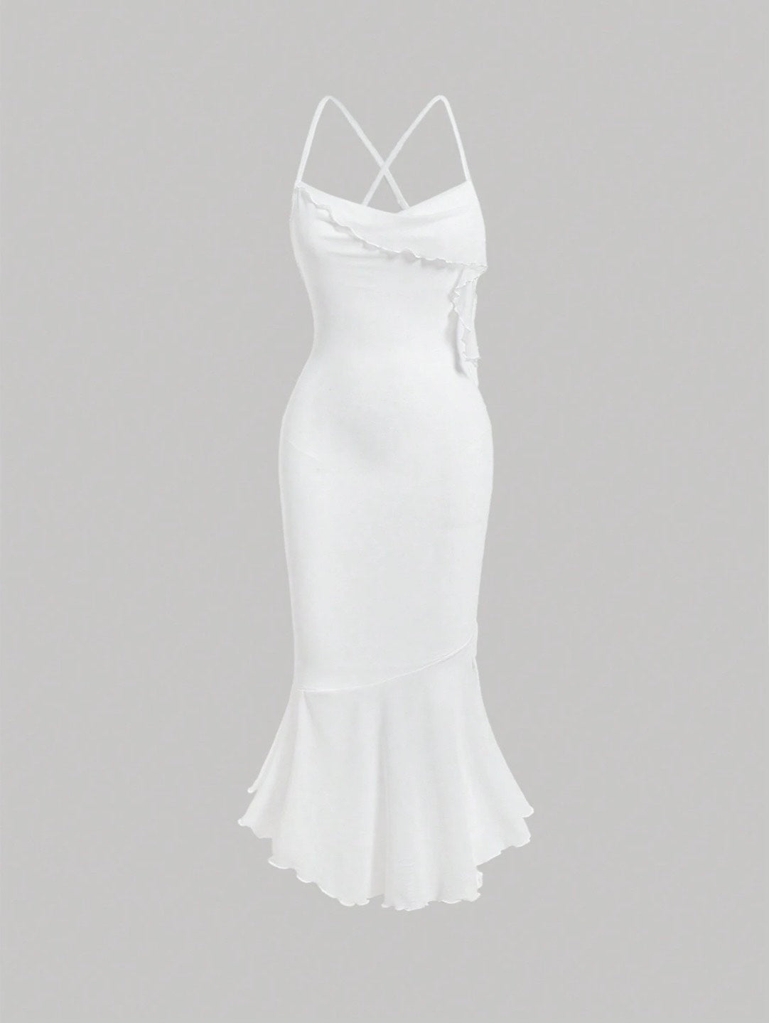 Crisscross Backless Mermaid Cami Dress – Ruffle Trim Mesh Hem Maxi for Summer Glam