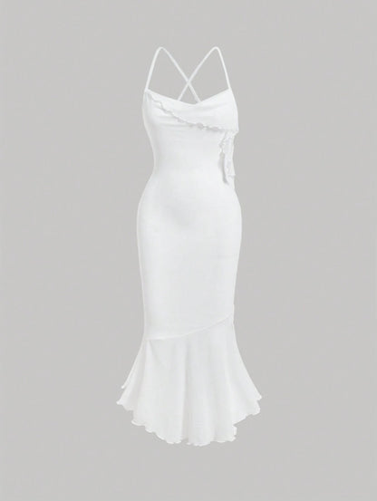 Crisscross Backless Mermaid Cami Dress – Ruffle Trim Mesh Hem Maxi for Summer Glam