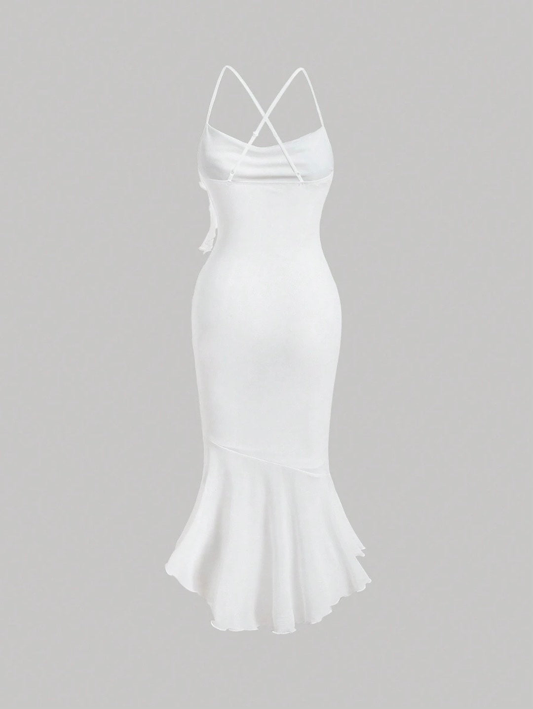 Crisscross Backless Mermaid Cami Dress – Ruffle Trim Mesh Hem Maxi for Summer Glam