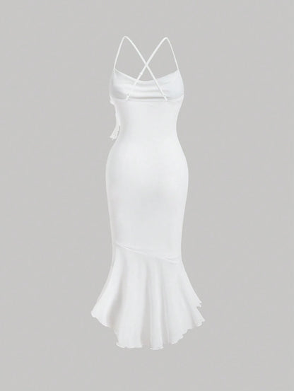 Crisscross Backless Mermaid Cami Dress – Ruffle Trim Mesh Hem Maxi for Summer Glam