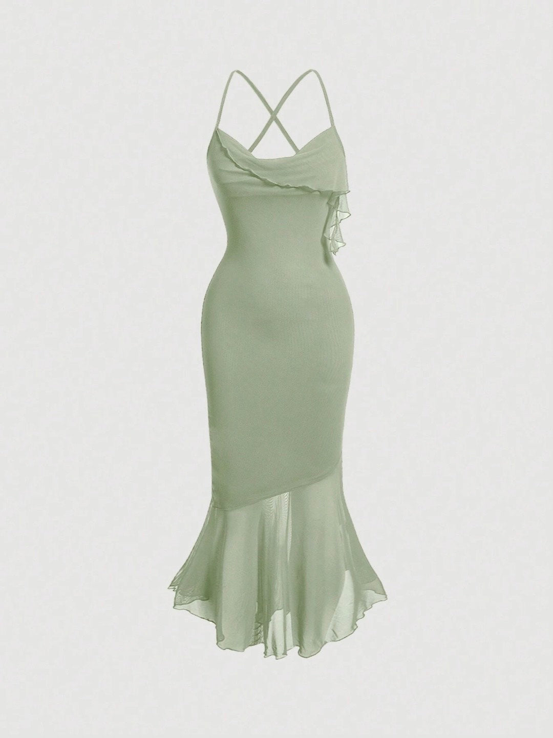 Crisscross Backless Mermaid Cami Dress – Ruffle Trim Mesh Hem Maxi for Summer Glam