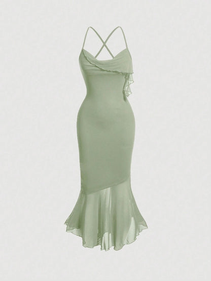 Crisscross Backless Mermaid Cami Dress – Ruffle Trim Mesh Hem Maxi for Summer Glam
