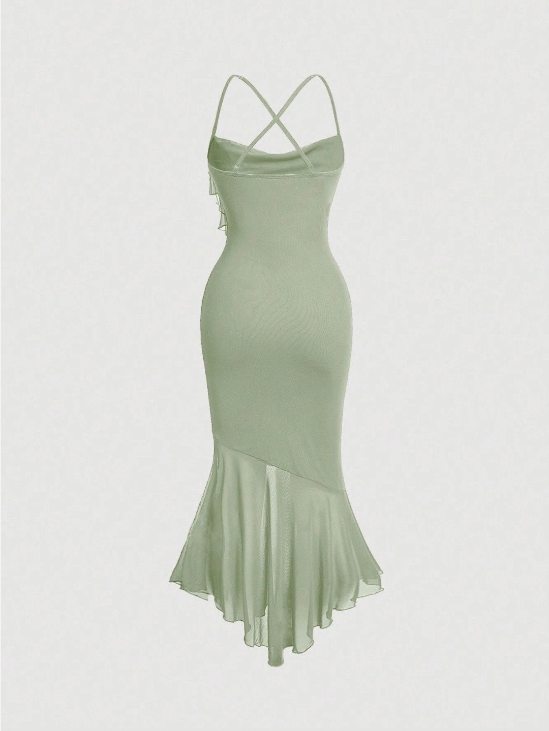 Crisscross Backless Mermaid Cami Dress – Ruffle Trim Mesh Hem Maxi for Summer Glam