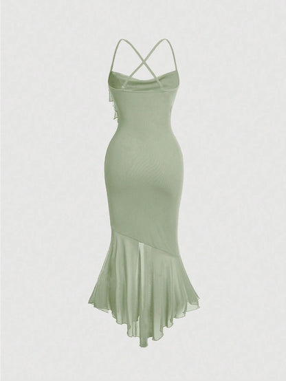 Crisscross Backless Mermaid Cami Dress – Ruffle Trim Mesh Hem Maxi for Summer Glam