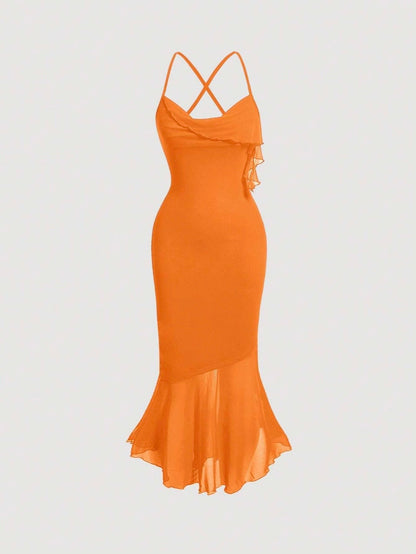 Crisscross Backless Mermaid Cami Dress – Ruffle Trim Mesh Hem Maxi for Summer Glam