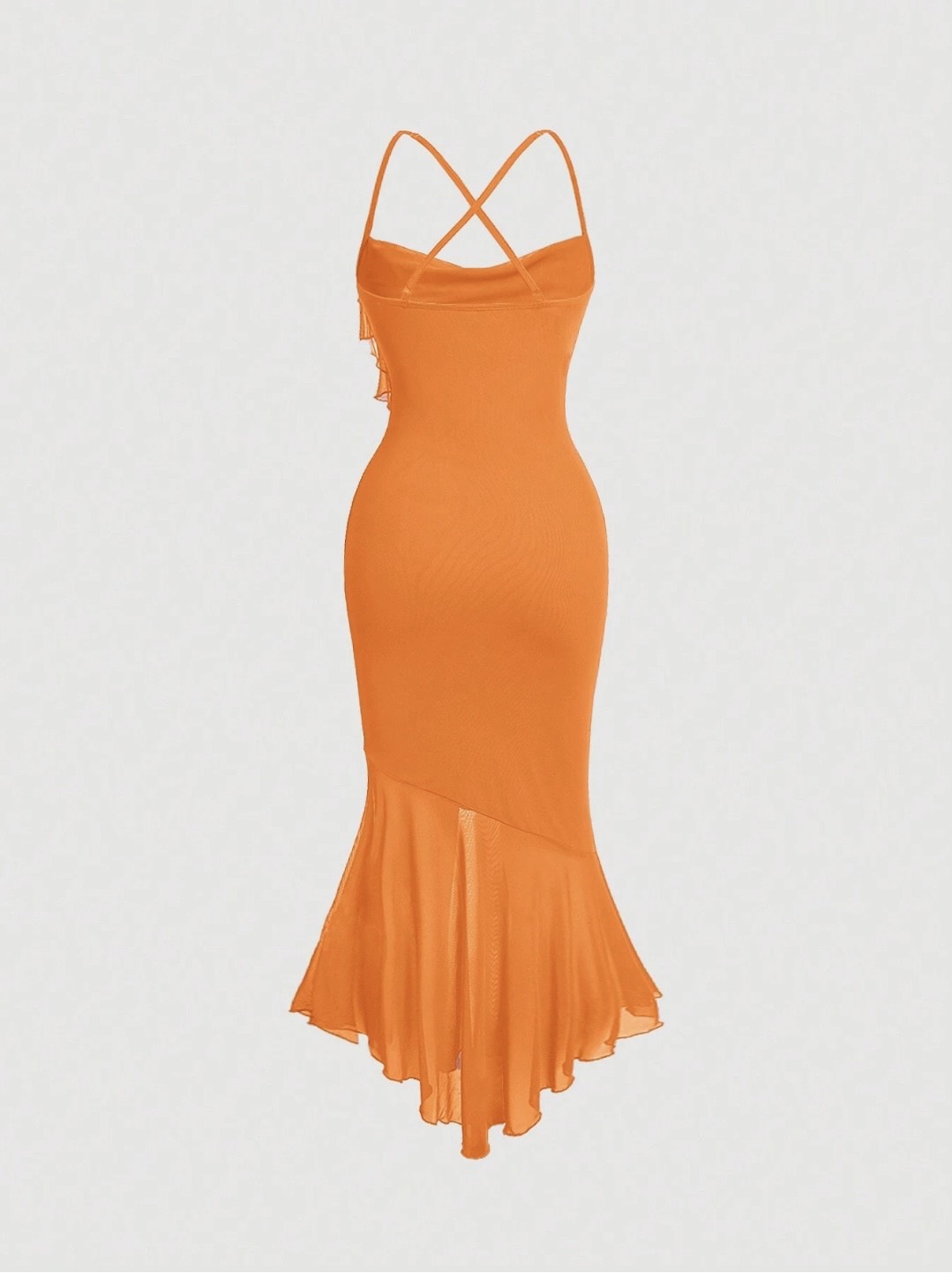 Crisscross Backless Mermaid Cami Dress – Ruffle Trim Mesh Hem Maxi for Summer Glam