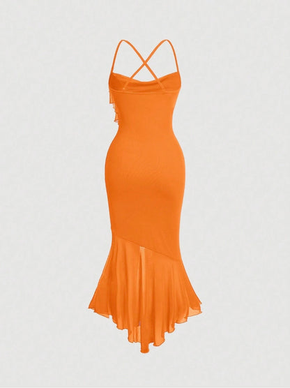 Crisscross Backless Mermaid Cami Dress – Ruffle Trim Mesh Hem Maxi for Summer Glam