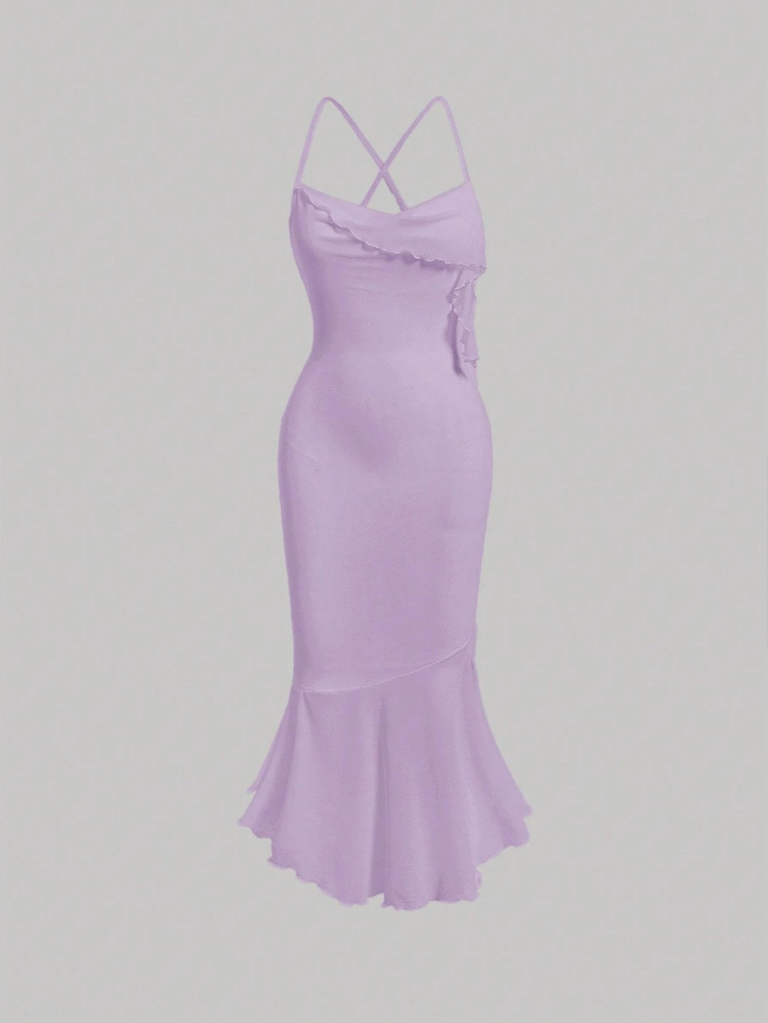 Crisscross Backless Mermaid Cami Dress – Ruffle Trim Mesh Hem Maxi for Summer Glam