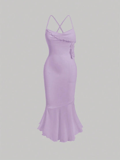 Crisscross Backless Mermaid Cami Dress – Ruffle Trim Mesh Hem Maxi for Summer Glam