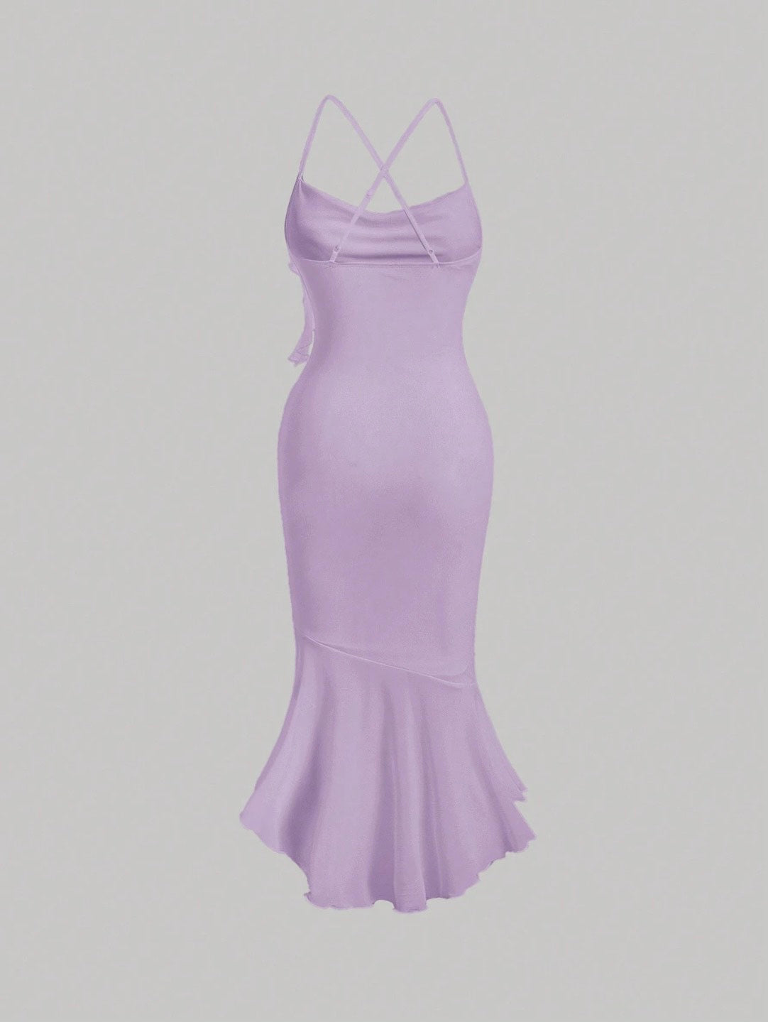 Crisscross Backless Mermaid Cami Dress – Ruffle Trim Mesh Hem Maxi for Summer Glam