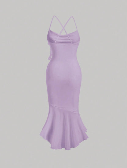 Crisscross Backless Mermaid Cami Dress – Ruffle Trim Mesh Hem Maxi for Summer Glam