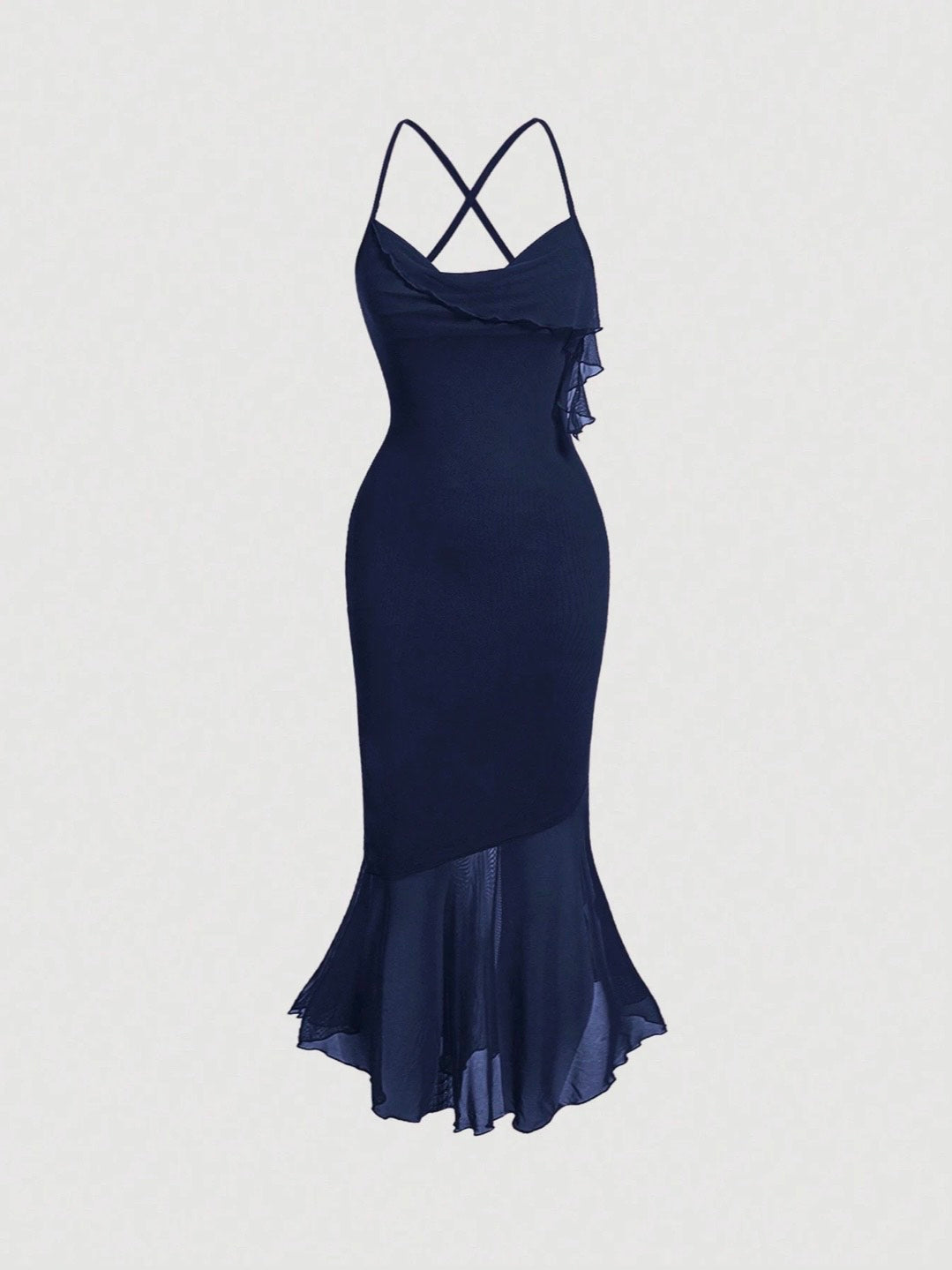 Crisscross Backless Mermaid Cami Dress – Ruffle Trim Mesh Hem Maxi for Summer Glam