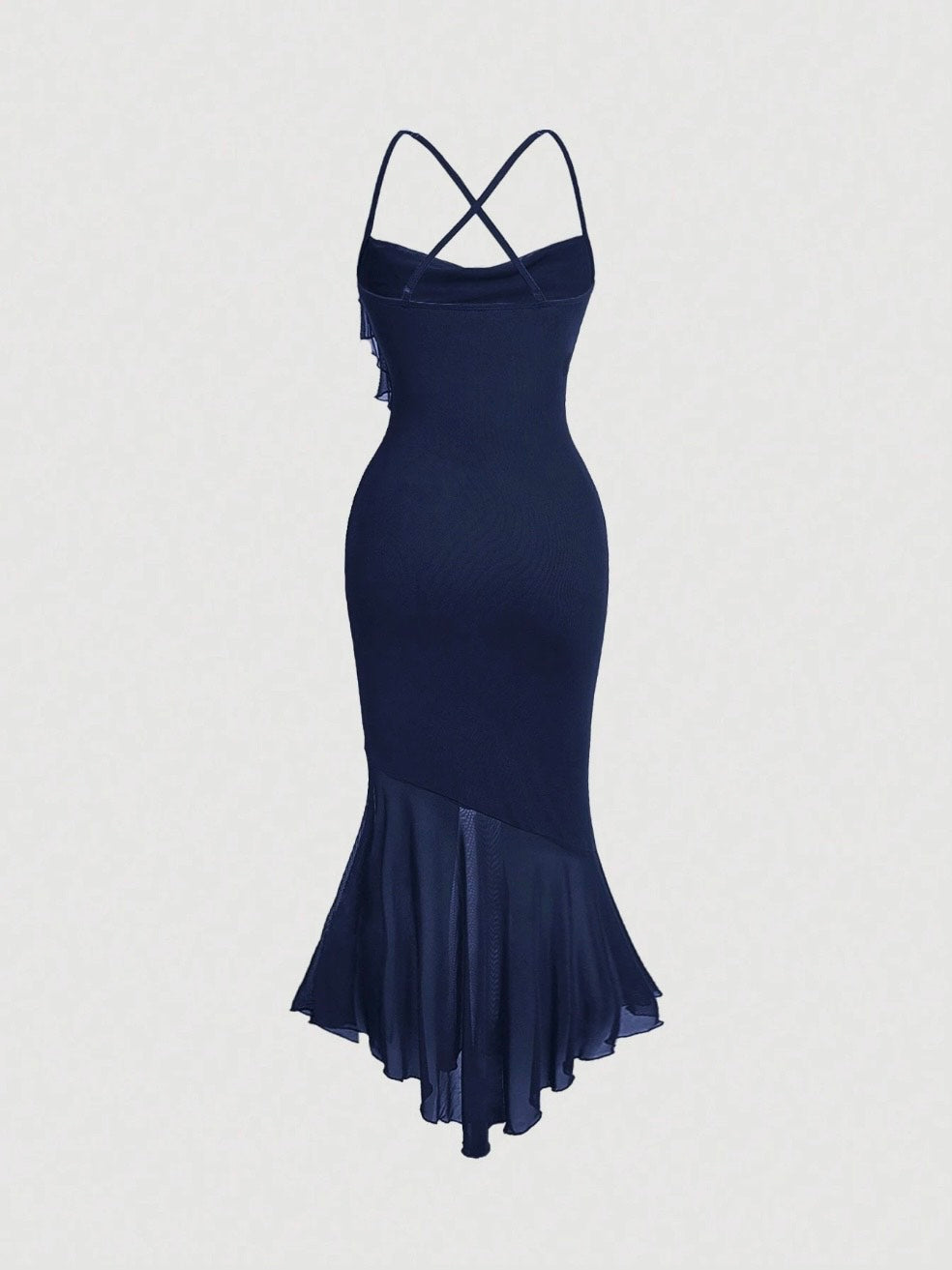 Crisscross Backless Mermaid Cami Dress – Ruffle Trim Mesh Hem Maxi for Summer Glam