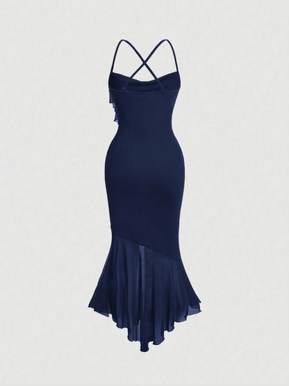 Crisscross Backless Mermaid Cami Dress – Ruffle Trim Mesh Hem Maxi for Summer Glam