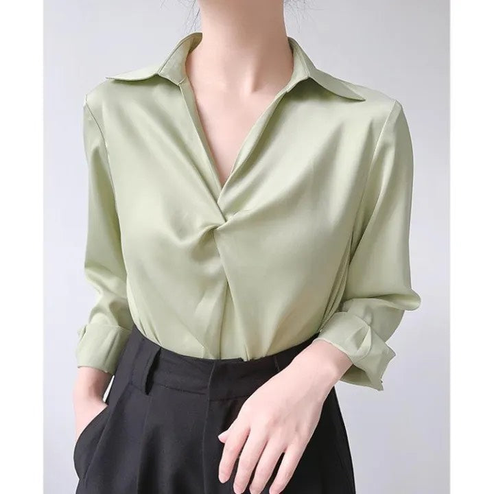 Elegant Women's Satin Wrap Blouse | Professional Office Shirt with Polo Collar
