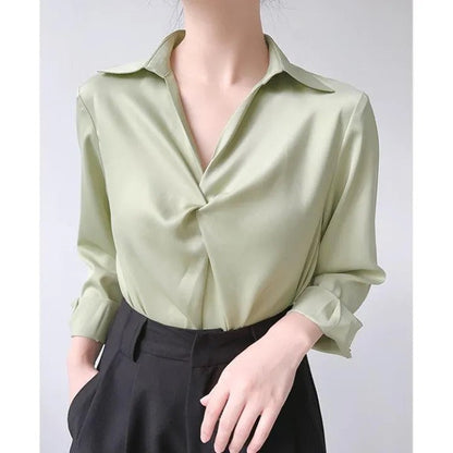 Elegant Women's Satin Wrap Blouse | Professional Office Shirt with Polo Collar