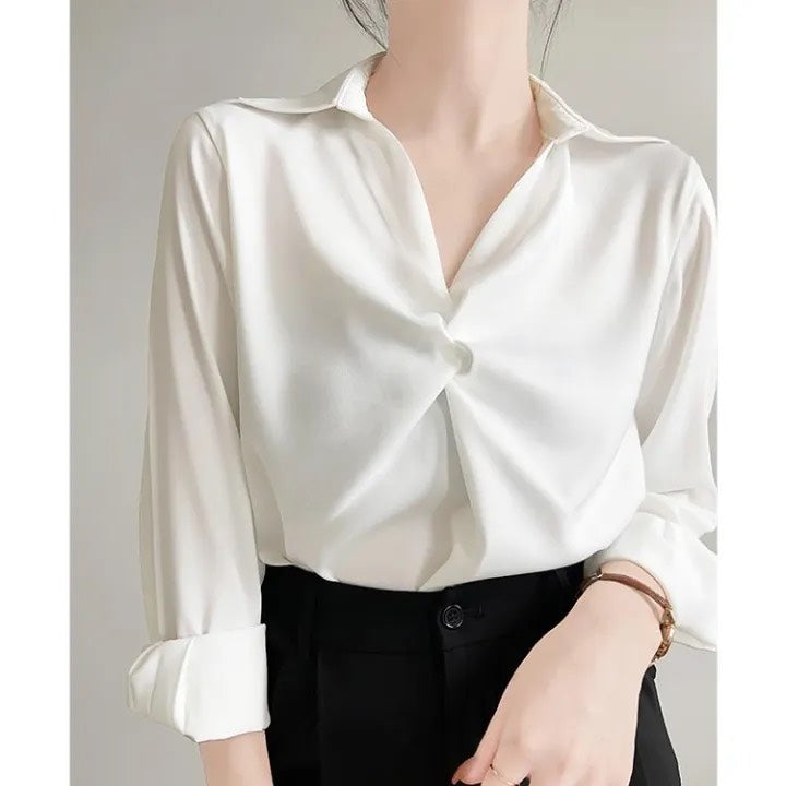 Elegant Women's Satin Wrap Blouse | Professional Office Shirt with Polo Collar