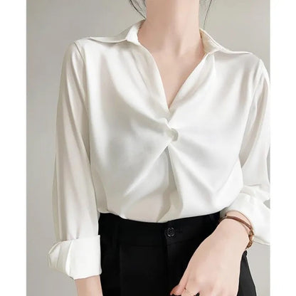Elegant Women's Satin Wrap Blouse | Professional Office Shirt with Polo Collar