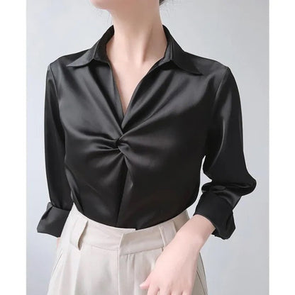 Elegant Women's Satin Wrap Blouse | Professional Office Shirt with Polo Collar