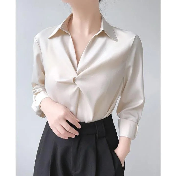 Elegant Women's Satin Wrap Blouse | Professional Office Shirt with Polo Collar