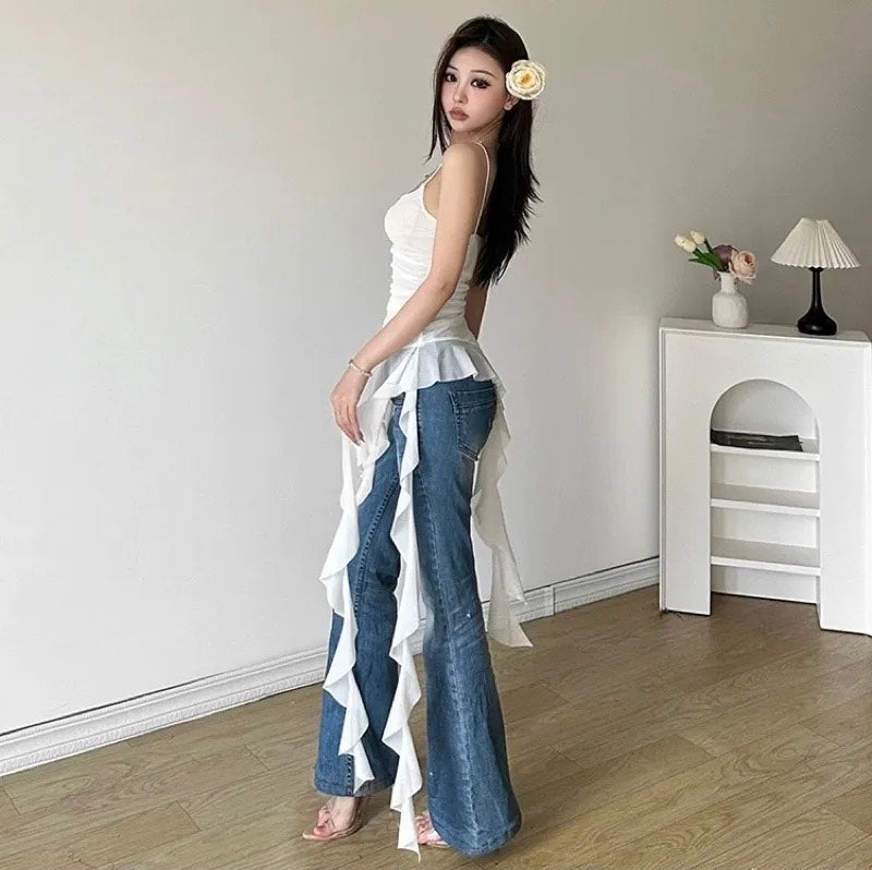 Y2K Graffiti Print Asymmetrical Crop Tank Top for Women – Spaghetti Strap Slim Fit Camisole for Summer Streetwear