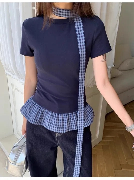 Korean Style Short Sleeve Crop Top with Choker – Ruffled Hem, Polka Dot Contrast, Slim Fit Cute Aesthetic Tee