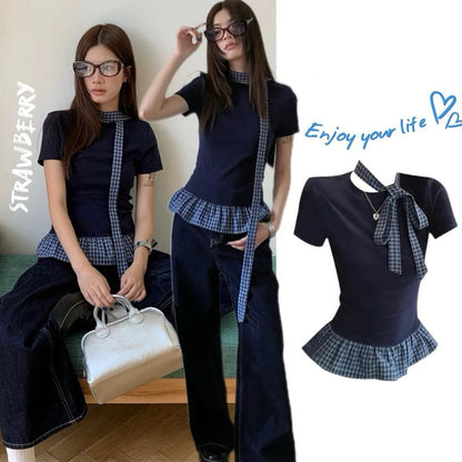 Korean Style Short Sleeve Crop Top with Choker – Ruffled Hem, Polka Dot Contrast, Slim Fit Cute Aesthetic Tee