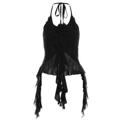 Y2K Halter Neck Mesh Crop Top with Ruffles & Floral Brooch – Sexy Party Wear
