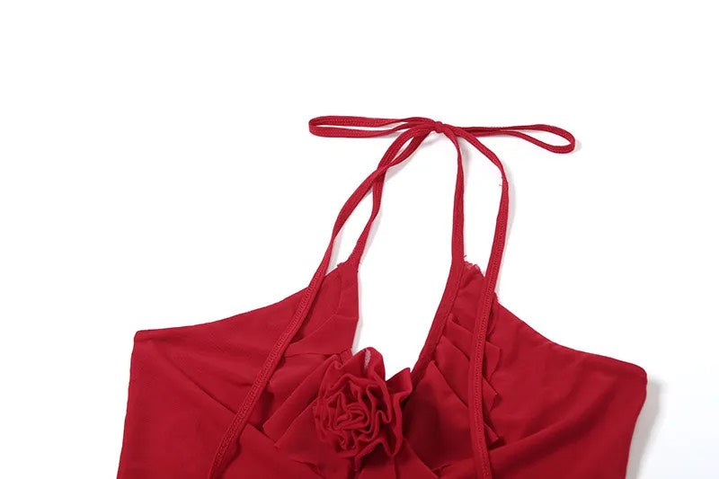 Y2K Halter Neck Mesh Crop Top with Ruffles & Floral Brooch – Sexy Party Wear