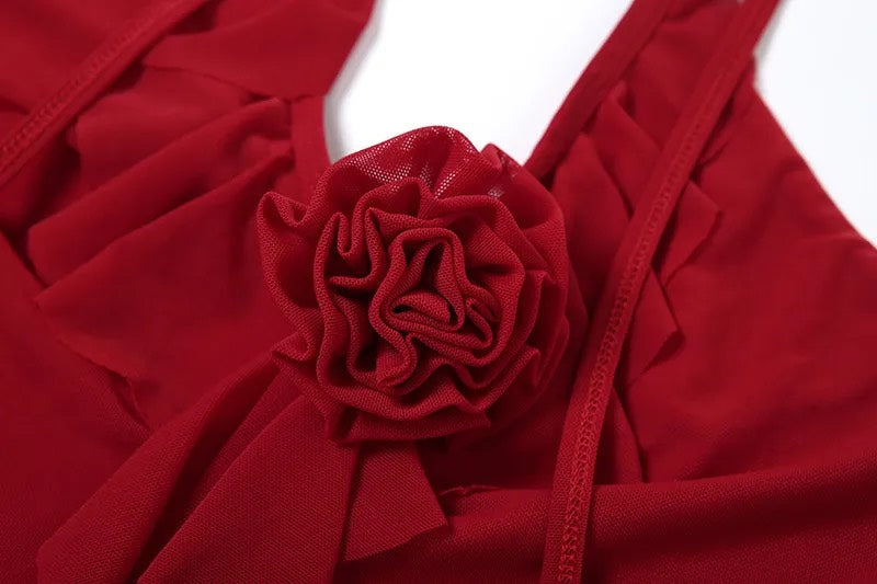 Y2K Halter Neck Mesh Crop Top with Ruffles & Floral Brooch – Sexy Party Wear