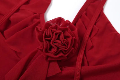 Y2K Halter Neck Mesh Crop Top with Ruffles & Floral Brooch – Sexy Party Wear
