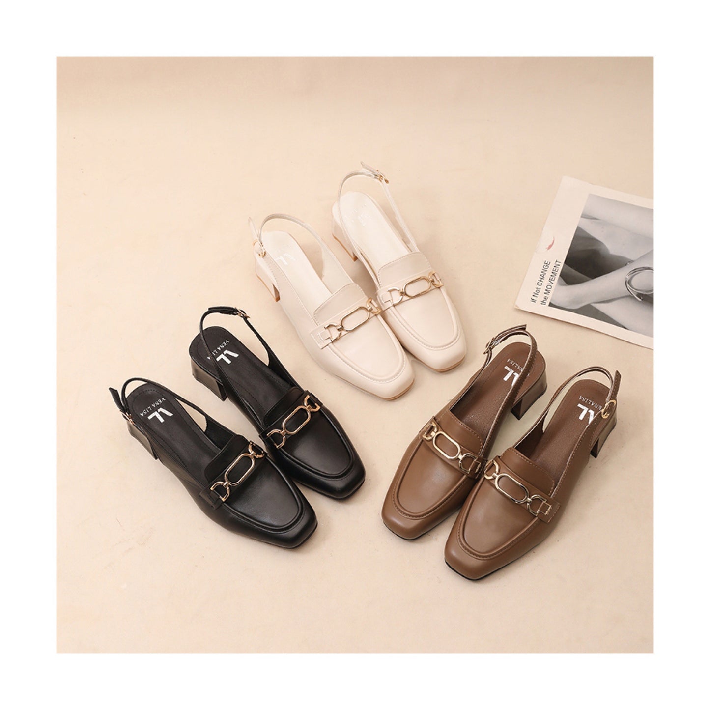 Women’s Square Toe Block Heels – Low 5cm PU Leather Slingback Sandals for Office & Daily Wear