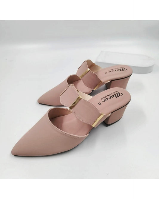 Elegant Pointed Toe Block Heels for Women – Stylish Leather Mules with Gold Strap