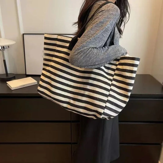 Striped Canvas Large Capacity Tote Bag – Elegant Casual Shoulder Handbag for Work, Travel & Daily Use