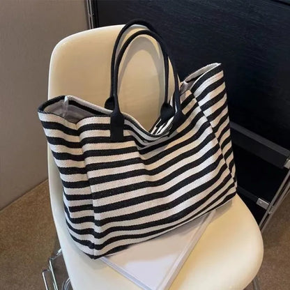 Striped Canvas Large Capacity Tote Bag – Elegant Casual Shoulder Handbag for Work, Travel & Daily Use