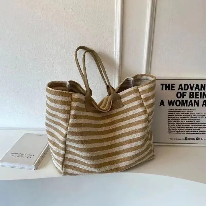 Striped Canvas Large Capacity Tote Bag – Elegant Casual Shoulder Handbag for Work, Travel & Daily Use