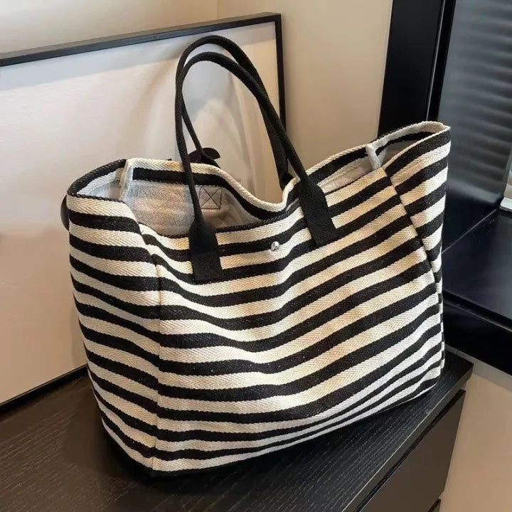 Striped Canvas Large Capacity Tote Bag – Elegant Casual Shoulder Handbag for Work, Travel & Daily Use