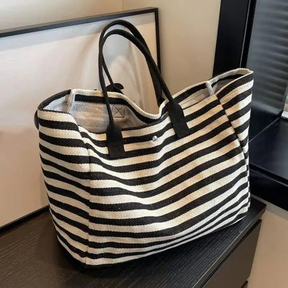 Striped Canvas Large Capacity Tote Bag – Elegant Casual Shoulder Handbag for Work, Travel & Daily Use