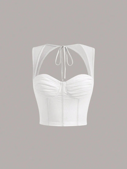 Tie-Back Ruched Bustier Crop Corset Top | Sweetheart Neck Backless Slim-Fit Camisole