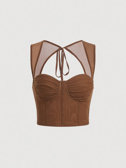 Tie-Back Ruched Bustier Crop Corset Top | Sweetheart Neck Backless Slim-Fit Camisole